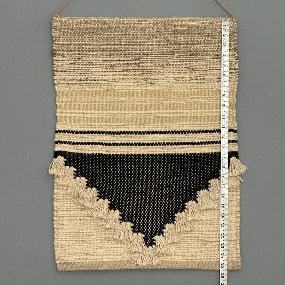 Threshold Woven Geometric Wall Hanging Tassel Trim Beige Black Boho Decor 18x25